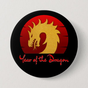 BADGE ROND 7,6 CM ANNÉE DU DRAGON OR ROUGE