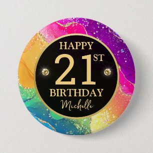 Badge Rond 7,6 Cm Anniversaire 21 Ans Elégant Arc-en-Ciel Paillettes