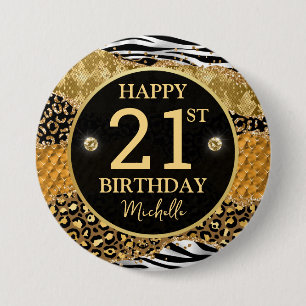 Badge Rond 7,6 Cm Anniversaire 21 ans Safari Jungle Agate Gold Glitt