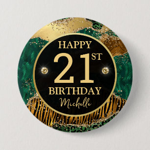 Badge Rond 7,6 Cm Anniversaire 21 ans Safari Jungle Agate Or Paillet