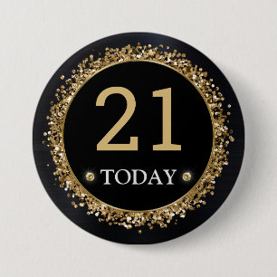 Badge Rond 7,6 Cm Anniversaire Confettis Noir et Or Paillettes