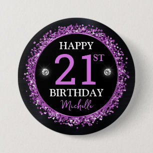 Badge Rond 7,6 Cm Anniversaire confettis noir et violet pailletés