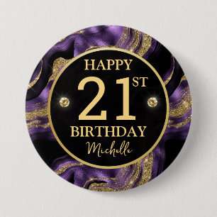 Badge Rond 7,6 Cm Anniversaire élégant agate violet et or pailleté
