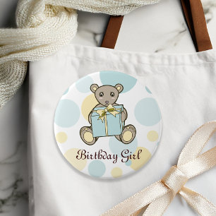 Badge Rond 7,6 Cm Anniversaire Enfant Ours en Peluche Bleu Pastel et