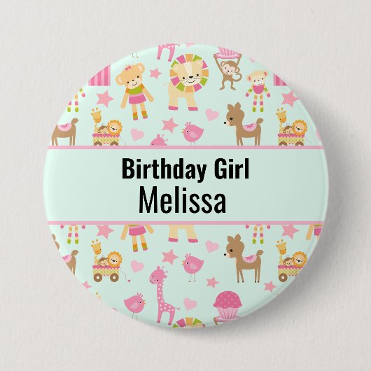 Badge Rond 7,6 Cm Anniversaire fille mignonne Motif avec Animaux & J (Devant)