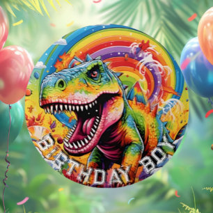 Badge Rond 7,6 Cm Anniversaire heureux de dinosaure arc-en-ciel