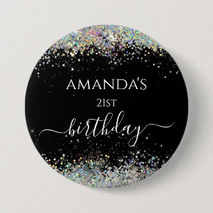 Badge Rond 7,6 Cm Anniversaire holographique paillettes nom personna