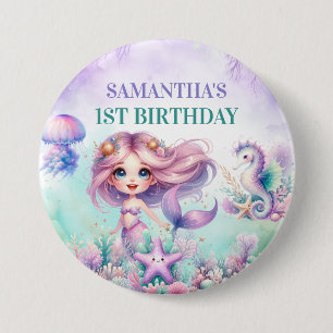 Badge Rond 7,6 Cm Aqua Green violet Petite Sirène 1ère fille anniver