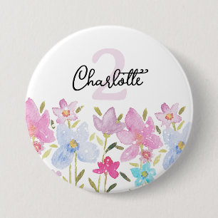 Badge Rond 7,6 Cm Aquarelle colorée mignonne Fleurs sauvages Monogra