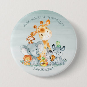 Badge Rond 7,6 Cm Aquarelle Cute Safari Jungle Animaux Anniversaire