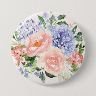 Badge Rond 7,6 Cm Aquarelle Hydrangea Rose Pivoine Floral Printanier