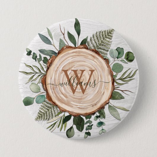 Badge Rond 7,6 Cm Aquarelle Monogramme Paillettes et feuillage en bo (Devant)