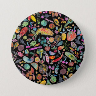 Badge Rond 7,6 Cm Aquarelle Whimsical colorée Fruits Légume Noir