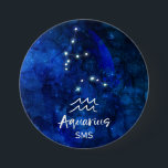 Badge Rond 7,6 Cm Aquarius Zodiac Constellation Blue Galaxy Monogram<br><div class="desc">Aquarius Zodiac Constellation Blue Galaxy Monogramme Design. Avec police de script brossé tendance, couleur arrière - plan céleste bleu foncé, constellation d'étoiles brillantes, et le symbole du porteur d'eau. Symbole astrologique moderne Horoscope de naissance, est parfait pour tous les Anniversaires Aquariens Du 20 Janvier au 18 Février! Avec Monogrammed en...</div>