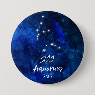Badge Rond 7,6 Cm Aquarius Zodiac Constellation Blue Galaxy Monogram
