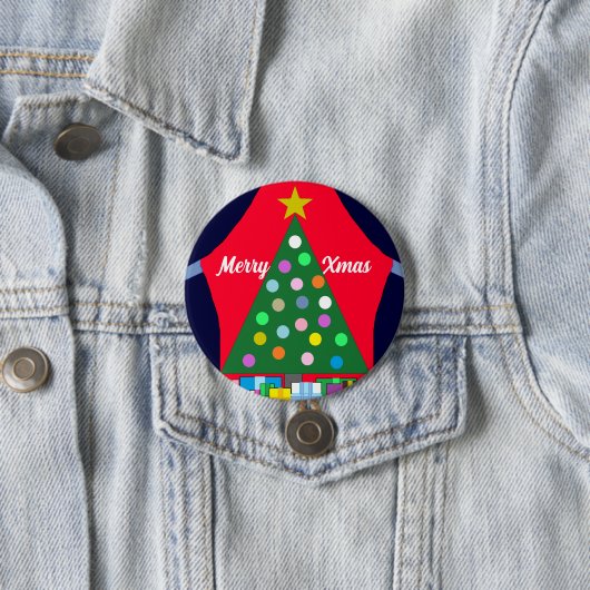 Badge Rond 7,6 Cm Arbre de Noël vert et Draps bleus : (En situation)