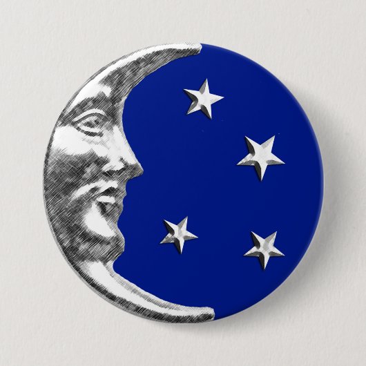 Badge Rond 7,6 Cm Art Déco Lune et Etoiles - Bleu Cobalt et Argent (Devant)