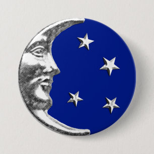 Badge Rond 7,6 Cm Art Déco Lune et Etoiles - Bleu Cobalt et Argent