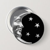 Badge Rond 7,6 Cm Art Déco Lune et Etoiles - Noir et Argent (Devant & derrière)