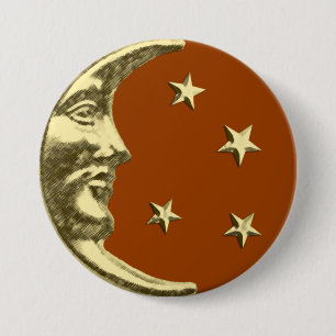 Badge Rond 7,6 Cm Art Déco Lune et Etoiles - Rust Brown et or