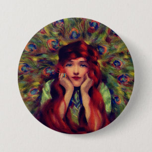 Badge Rond 7,6 Cm Art nouveau déco femme plumes paon élégant