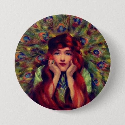 Badge Rond 7,6 Cm Art nouveau déco femme plumes paon élégant (Devant)