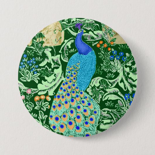 Badge Rond 7,6 Cm Art Nouveau Peacock Print, Cobalt Blue & Green (Devant)
