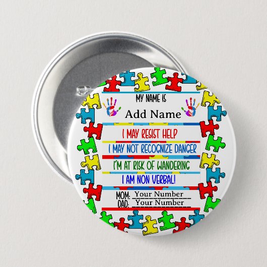 Badge Rond 7,6 Cm Autisme Alerte Pin non verbal (Devant & derrière)
