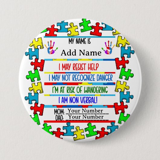 Badge Rond 7,6 Cm Autisme Alerte Pin non verbal (Devant)