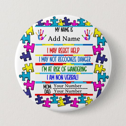 Badge Rond 7,6 Cm Autisme Alerte Pin non verbal (Devant)