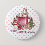 Badge Rond 7,6 Cm Baby It's Cold Outside Hot Cocoa Mug, Snowman<br><div class="desc">Whimsical pin to wear on the lapel of your winter coat, has a background of white with red hearts, a hot cocoa mug filled with cocoa, marshmallows and a candy cane, a little snowman beside it. There are also 2 red and white swirl candies, cinnamon sticks, a gingerbread man cookie...</div>