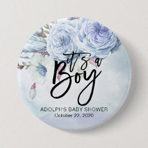 Badge Rond 7,6 Cm Baby shower Aquarelle Bohème Fleurs & Plumes