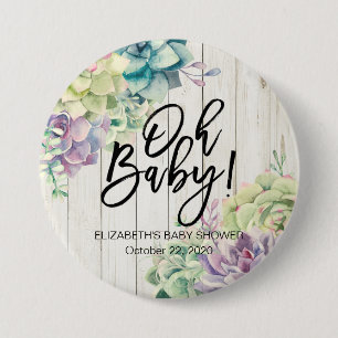 Badge Rond 7,6 Cm Baby shower Aquarelle Succulent Plantes Bois blanc