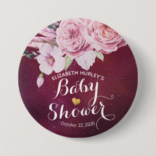 Badge Rond 7,6 Cm Baby shower Chic Boho Plumes florales Bourgogne Ro