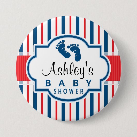 Badge Rond 7,6 Cm Baby shower de bandes rouge, blanc et bleu (Devant)