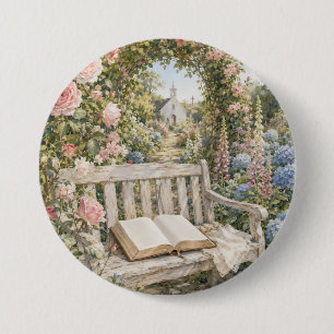 Badge Rond 7,6 Cm Banc de jardin de prière Chapelle Aquarelle