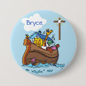 Badge Rond 7,6 Cm Baptême bébé Noé's sur mesure, Bleu Garçon (Devant)