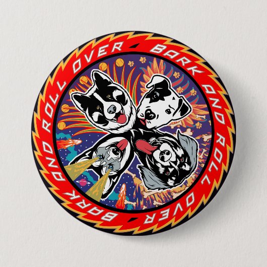 Badge Rond 7,6 Cm Bark and Roll Over Dogs Kiss Rock Music Parodie (Devant)