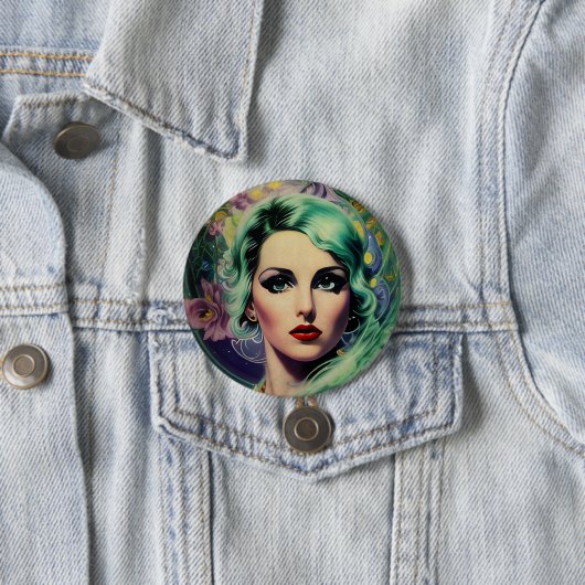 Badge Rond 7,6 Cm Belle Lavande & Green Retro Style Space Woman (En situation)