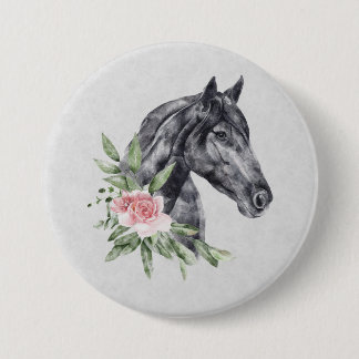 Badge Rond 7,6 Cm Belle tête de cheval noir Portrait d'aquarelle