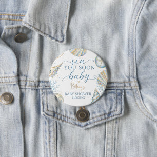 Badge Rond 7,6 Cm Bientôt sur les mers Coquillages bleus Baby Shower