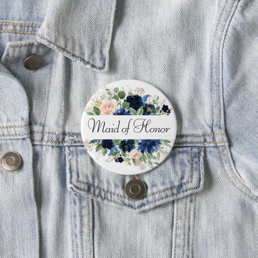 Badge Rond 7,6 Cm Blooms Chics | Navy Blue and Blush Briding Party (En situation)