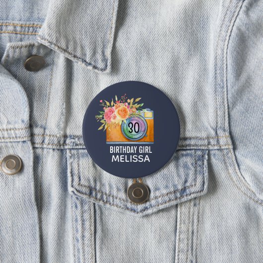 Badge Rond 7,6 Cm Boho Orange Camera & Fleurs Aquarelle Anniversaire (En situation)