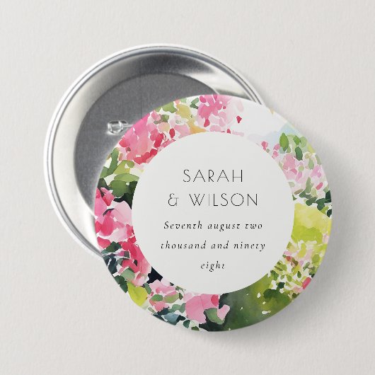 Badge Rond 7,6 Cm Boho Pink Green Bougainvillea Mariage (Devant & derrière)
