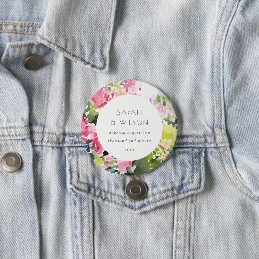 Badge Rond 7,6 Cm Boho Pink Green Bougainvillea Mariage (En situation)