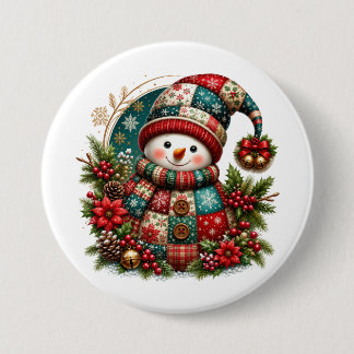 Badge Rond 7,6 Cm Bonhomme de neige en patchwork de Noël