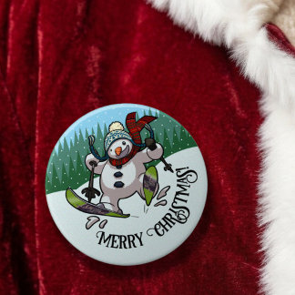 Badge Rond 7,6 Cm Bonhomme de neige faisant du ski Joyeux Noël ! Rem