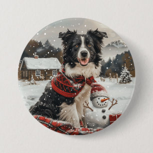 Badge Rond 7,6 Cm Bordure de Noël Collie Chien Snowman