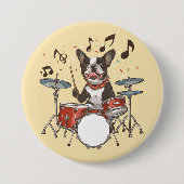 Badge Rond 7,6 Cm Boston Terrier Dog Playing Drums (Devant)