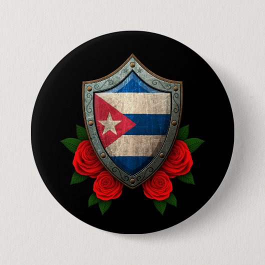 Badge Rond 7,6 Cm Bouclier cubain usé de drapeau avec les roses (Devant)